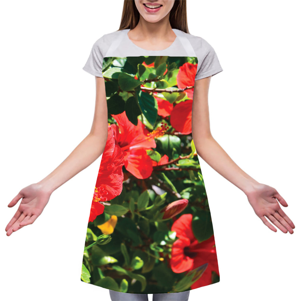 Red Hibiscus Flowers Print Adjustable Apron