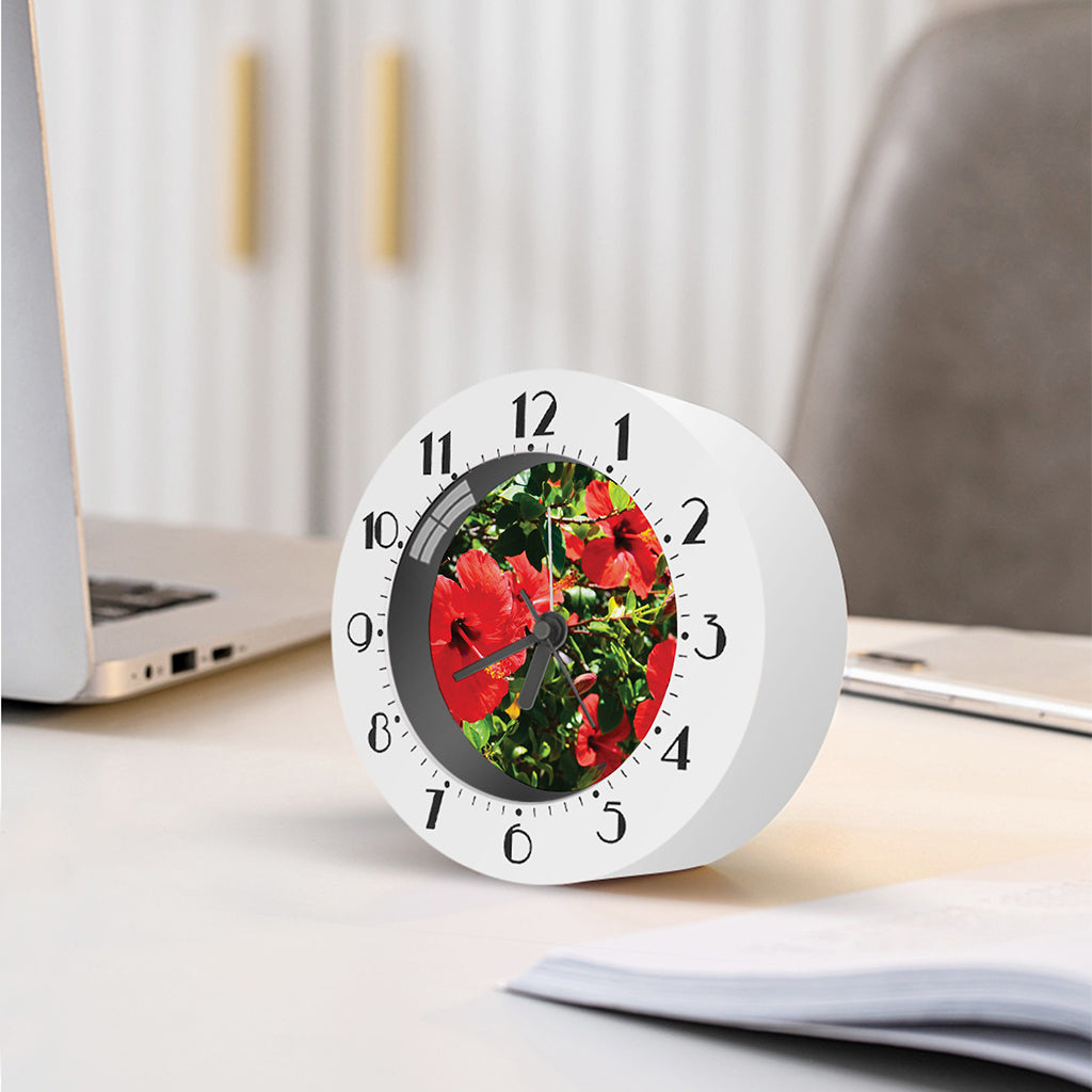 Red Hibiscus Flowers Print Alarm Clock