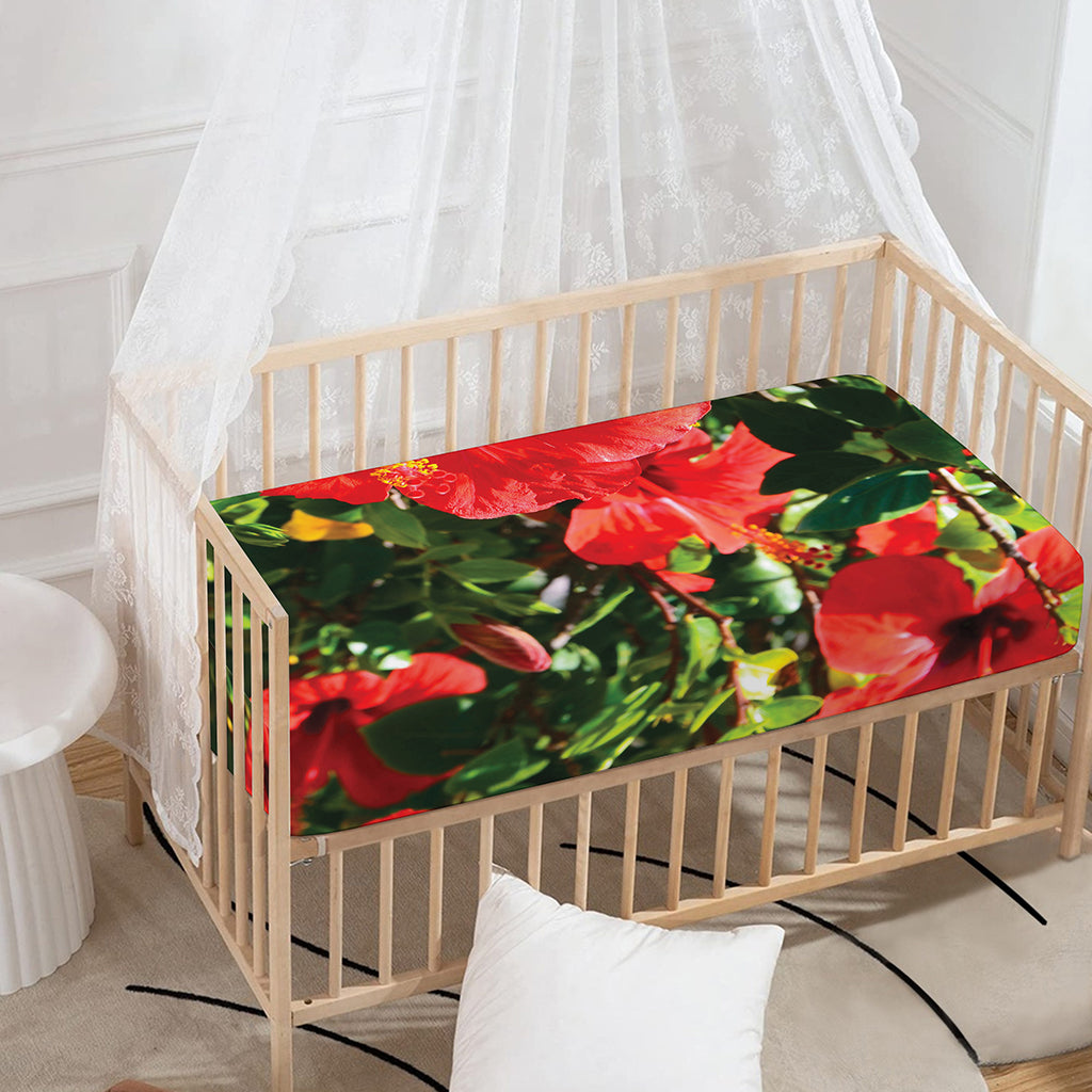 Red Hibiscus Flowers Print Baby Crib Sheet