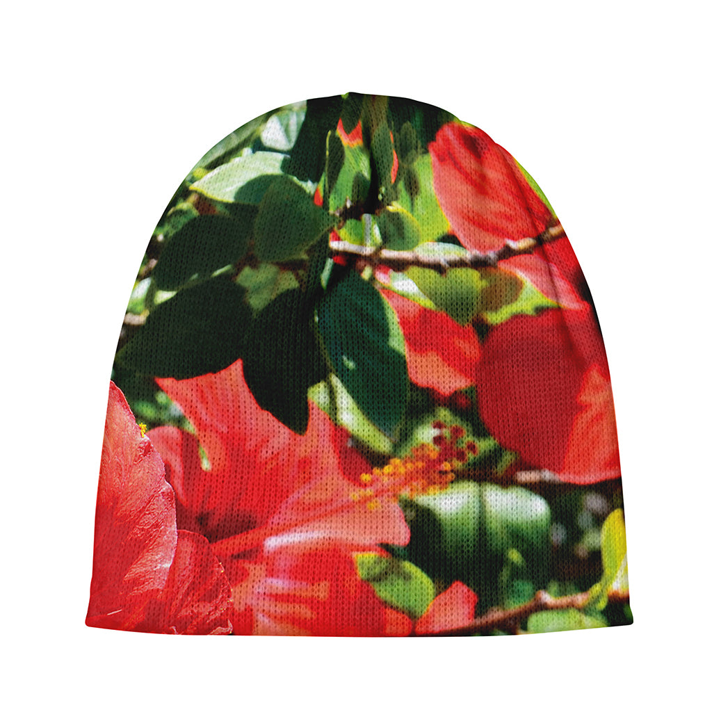Red Hibiscus Flowers Print Beanie