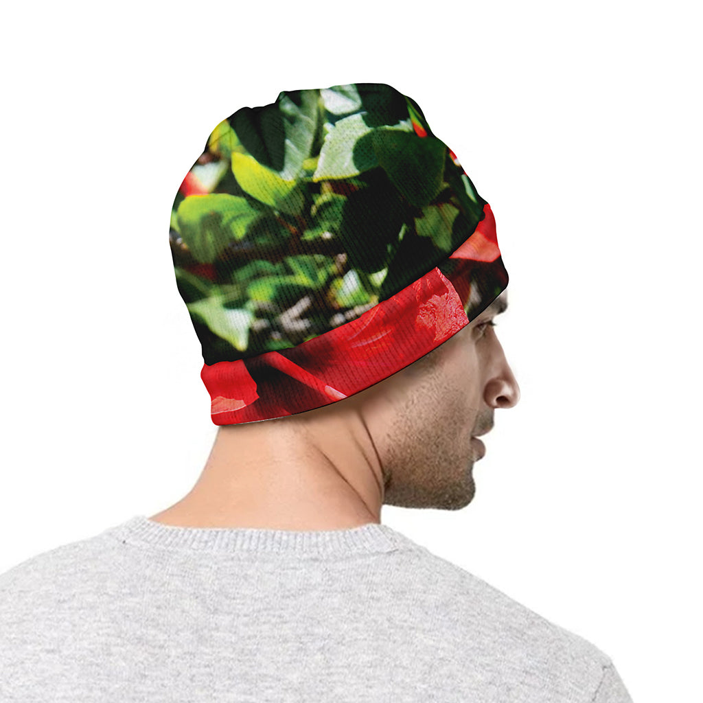 Red Hibiscus Flowers Print Beanie