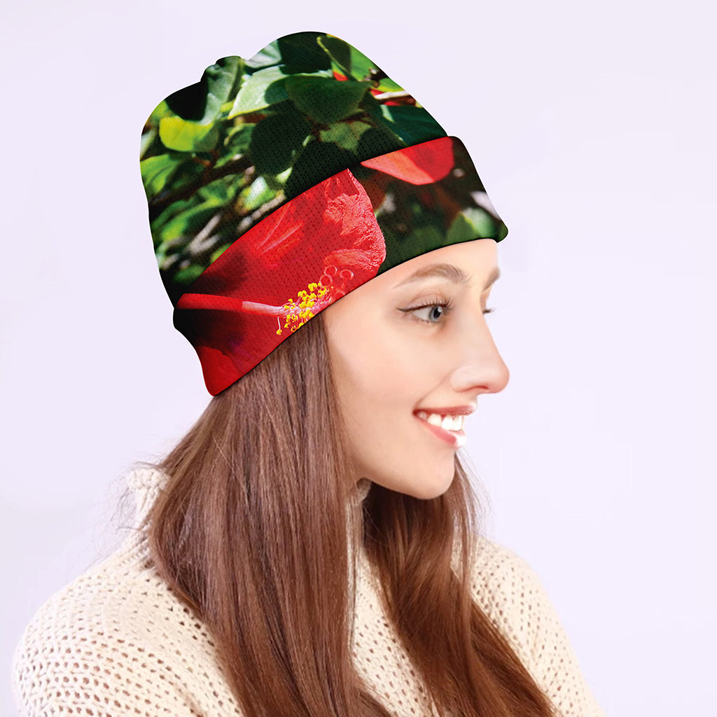 Red Hibiscus Flowers Print Beanie