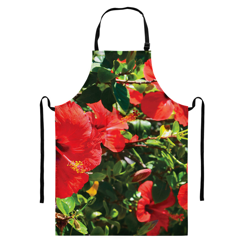 Red Hibiscus Flowers Print Bib Apron With Pocket