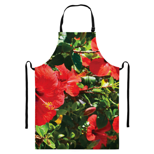 Red Hibiscus Flowers Print Bib Apron With Pocket