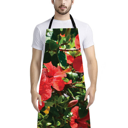 Red Hibiscus Flowers Print Bib Apron With Pocket