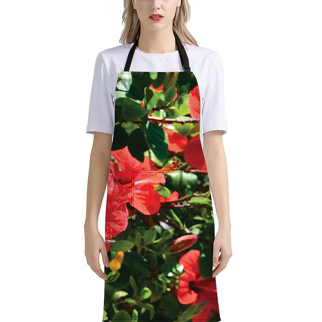 Red Hibiscus Flowers Print Bib Apron With Pocket