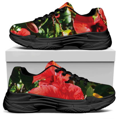 Red Hibiscus Flowers Print Black Chunky Shoes