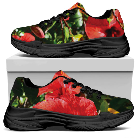 Red Hibiscus Flowers Print Black Chunky Shoes