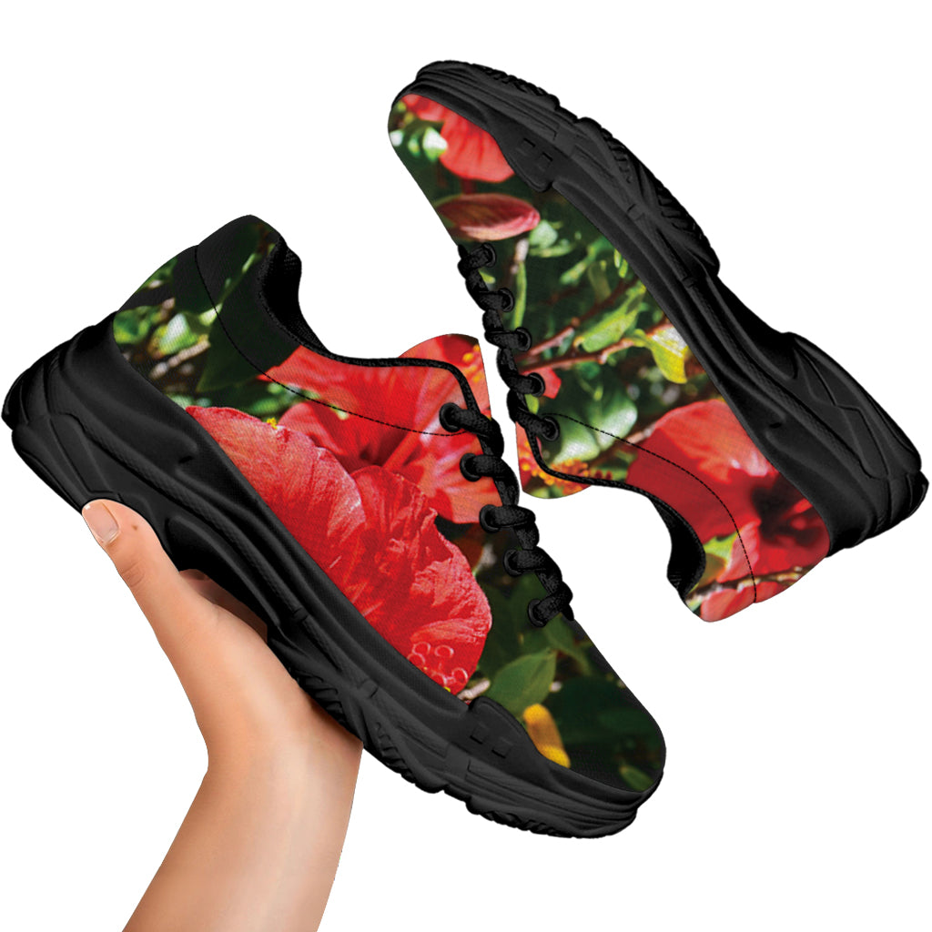 Red Hibiscus Flowers Print Black Chunky Shoes