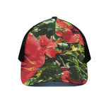 Red Hibiscus Flowers Print Black Mesh Trucker Cap