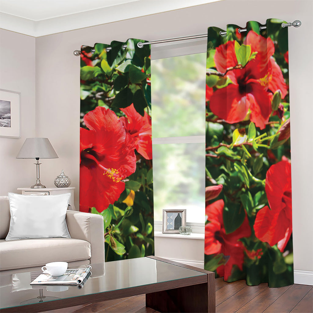 Red Hibiscus Flowers Print Blackout Grommet Curtains