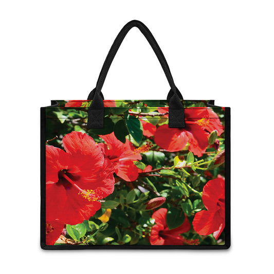 Red Hibiscus Flowers Print Canvas Tote Bag