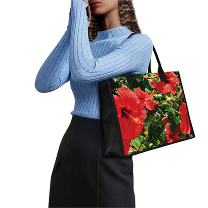 Red Hibiscus Flowers Print Canvas Tote Bag
