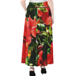 Red Hibiscus Flowers Print Chiffon Maxi Skirt