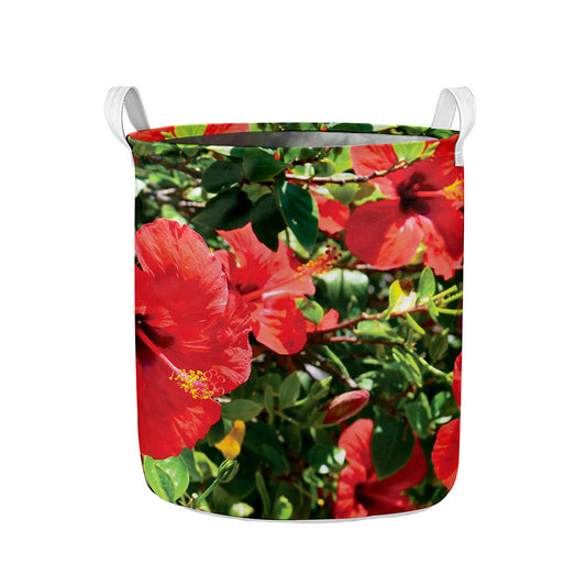 Red Hibiscus Flowers Print Collapsible Laundry Basket