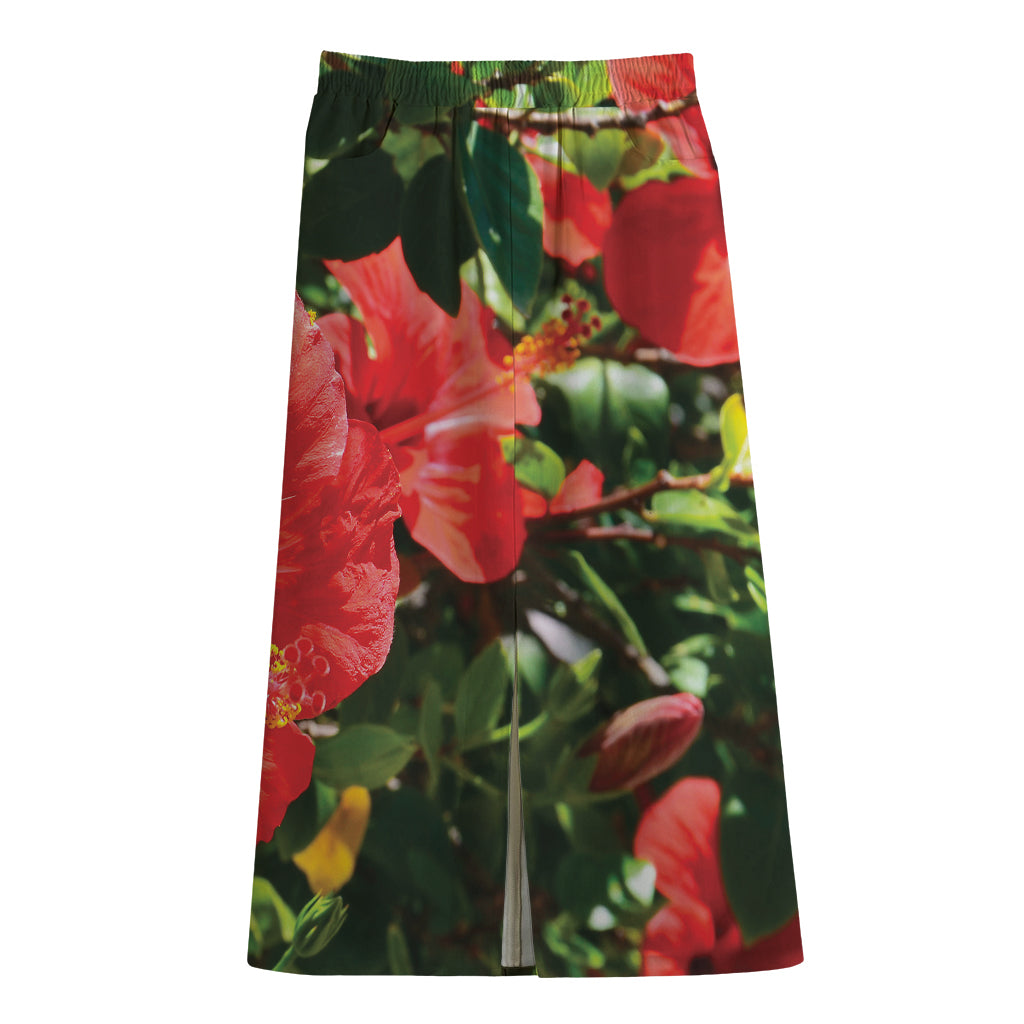 Red Hibiscus Flowers Print Cotton Front Slit Maxi Skirt