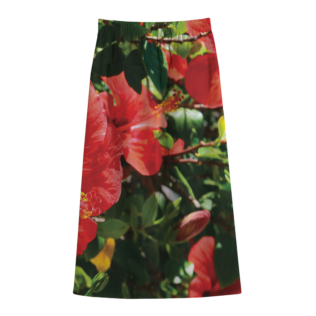 Red Hibiscus Flowers Print Cotton Front Slit Maxi Skirt
