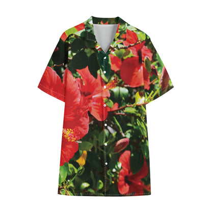 Red Hibiscus Flowers Print Cotton Hawaiian Shirt