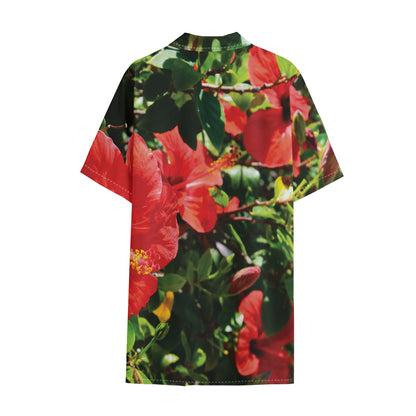 Red Hibiscus Flowers Print Cotton Hawaiian Shirt