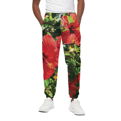 Red Hibiscus Flowers Print Cotton Pants