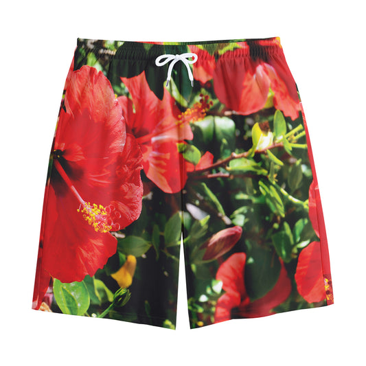 Red Hibiscus Flowers Print Cotton Shorts