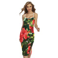 Red Hibiscus Flowers Print Cross Back Cami Dress