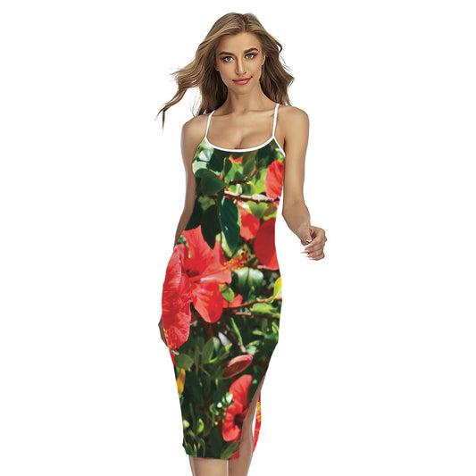 Red Hibiscus Flowers Print Cross Back Cami Dress