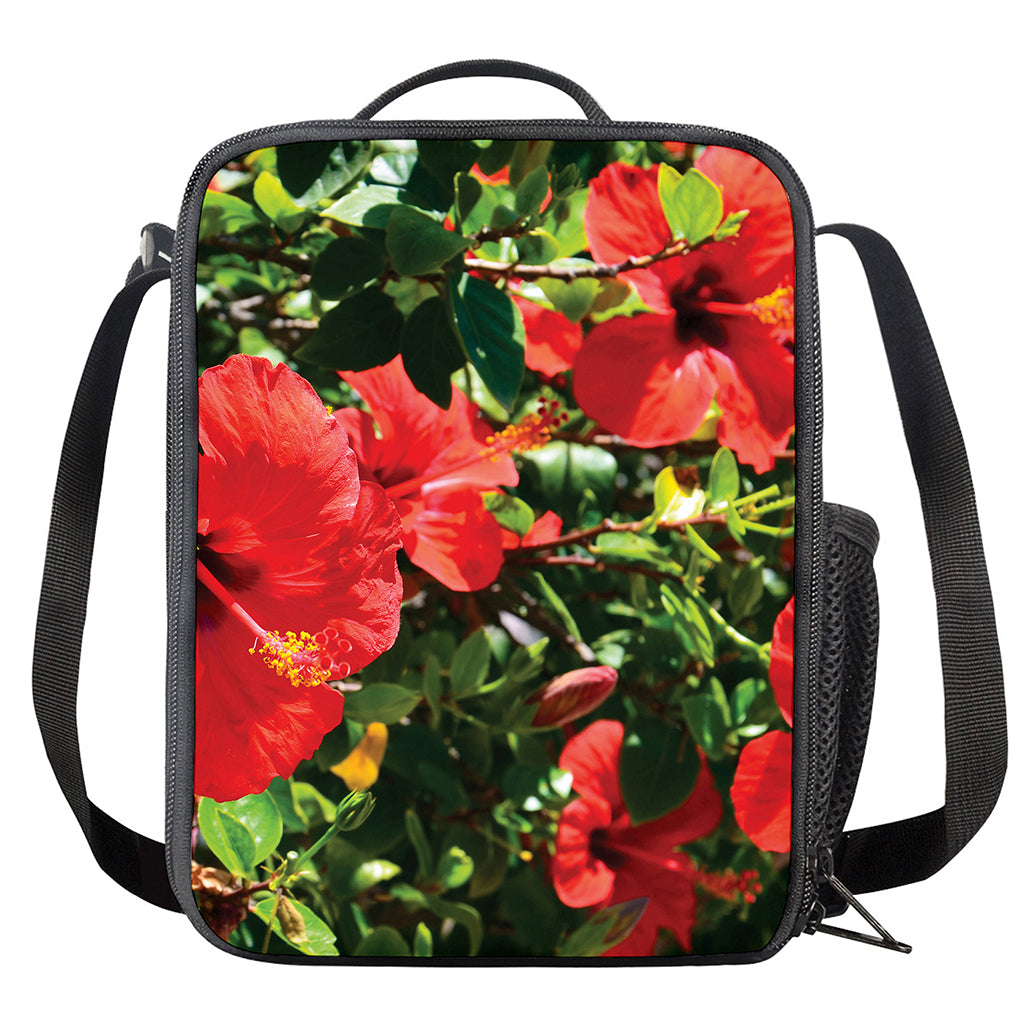 Red Hibiscus Flowers Print Crossbody Lunch Bag