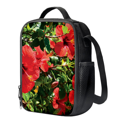 Red Hibiscus Flowers Print Crossbody Lunch Bag