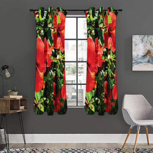 Red Hibiscus Flowers Print Curtain