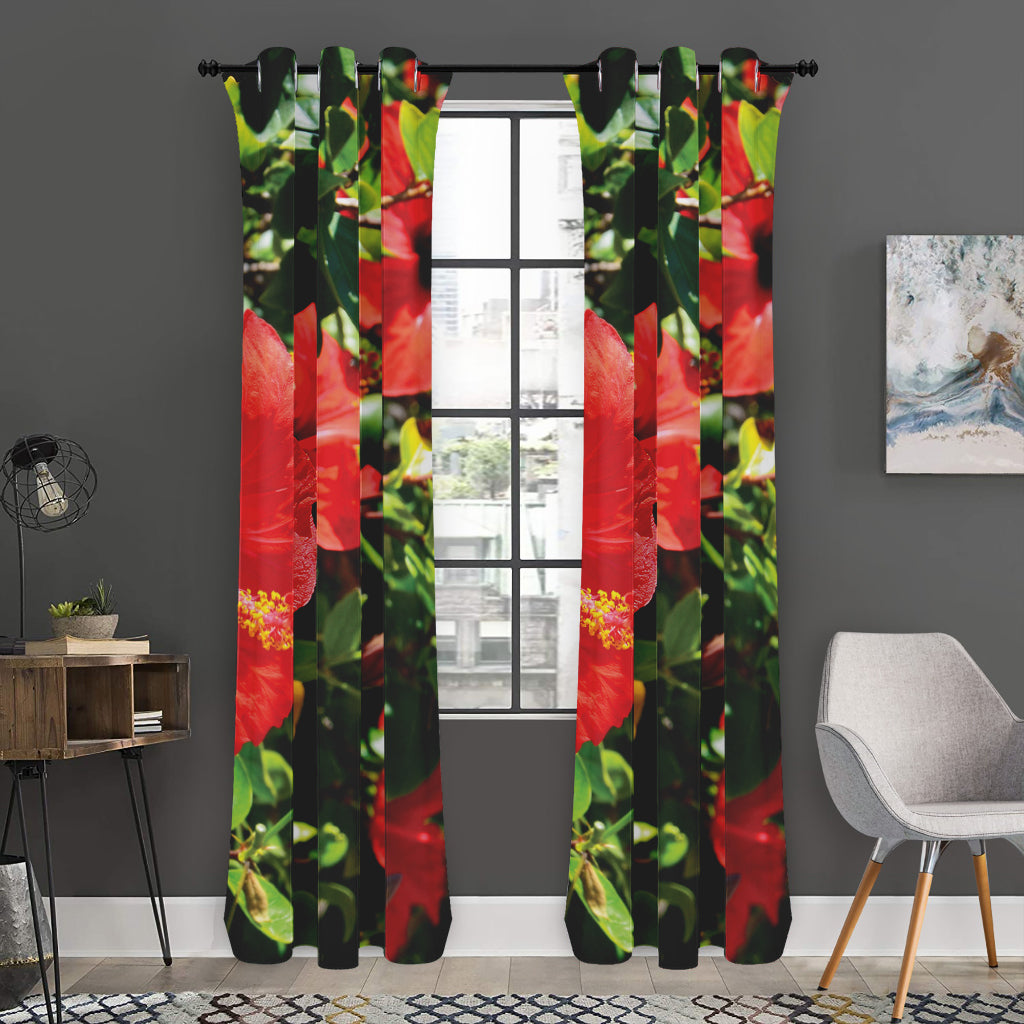 Red Hibiscus Flowers Print Curtain