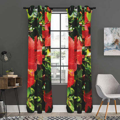 Red Hibiscus Flowers Print Curtain