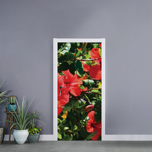 Red Hibiscus Flowers Print Door Sticker