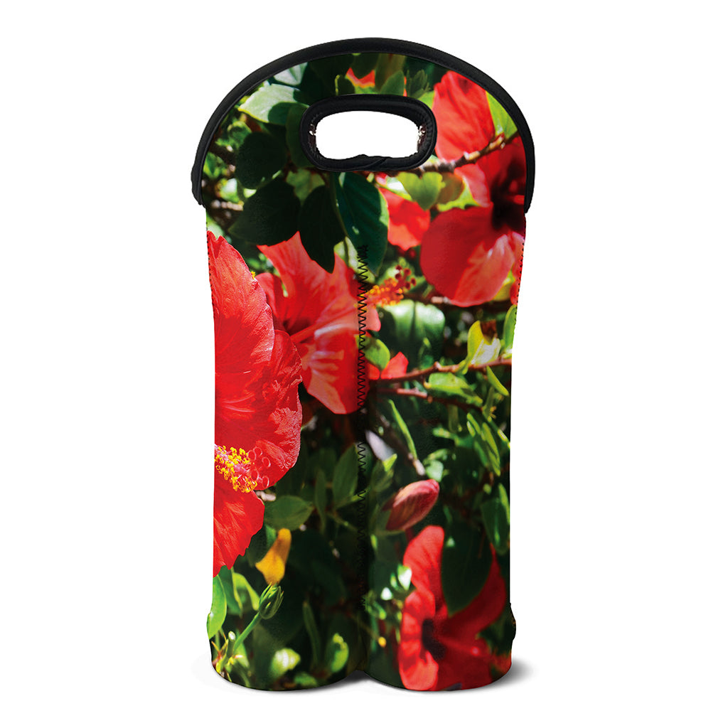 Red Hibiscus Flowers Print Double Neoprene Wine Tote