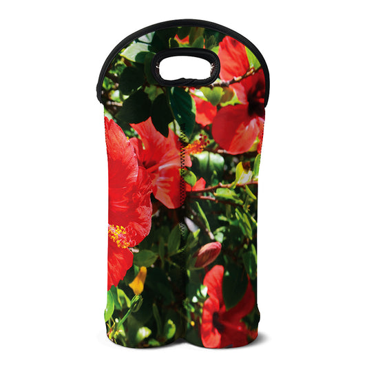 Red Hibiscus Flowers Print Double Neoprene Wine Tote
