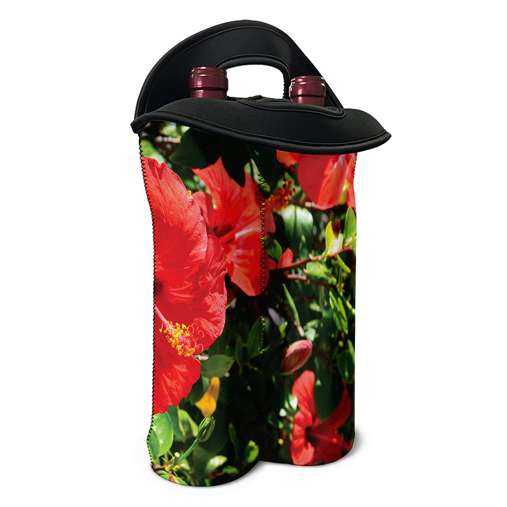 Red Hibiscus Flowers Print Double Neoprene Wine Tote