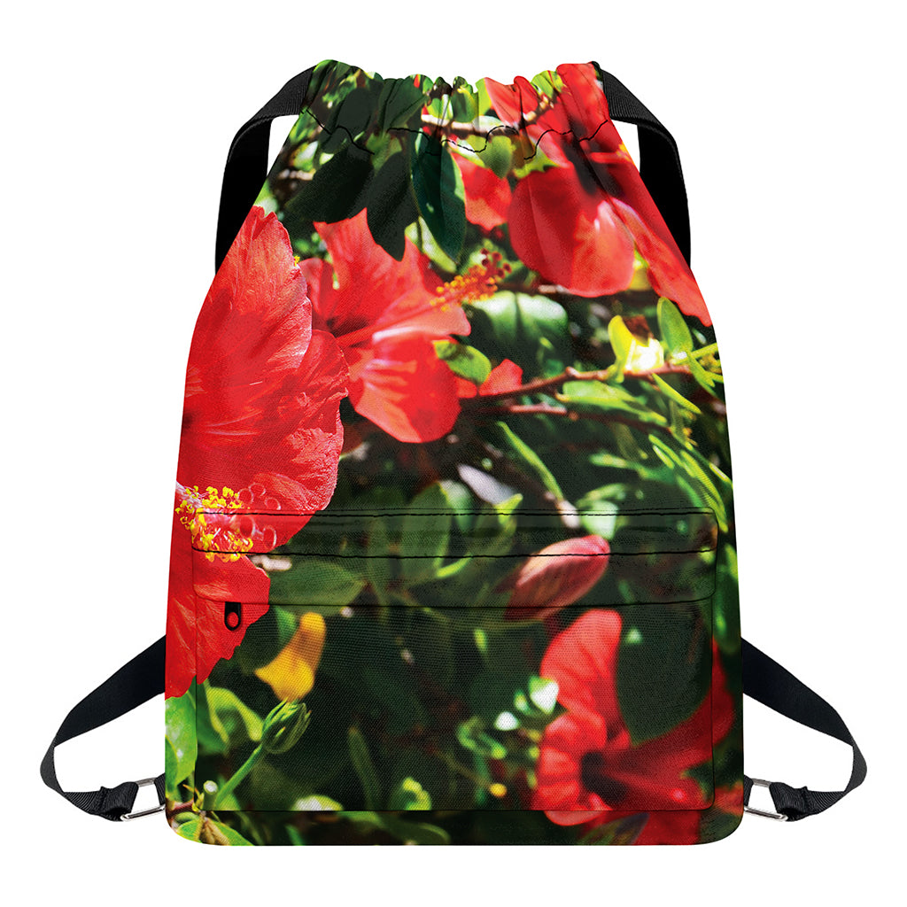 Red Hibiscus Flowers Print Drawstring Backpack