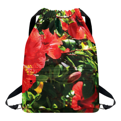 Red Hibiscus Flowers Print Drawstring Backpack