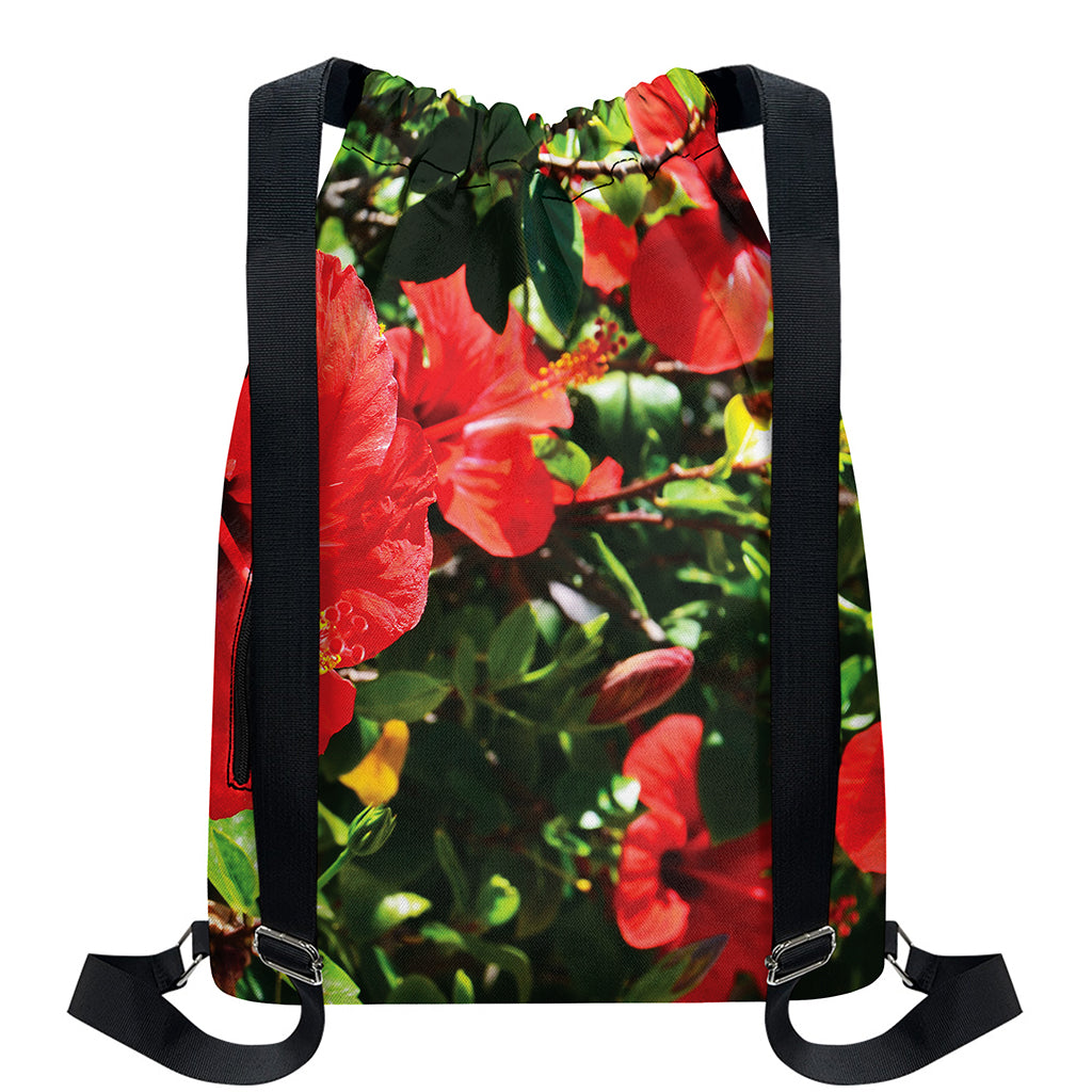 Red Hibiscus Flowers Print Drawstring Backpack