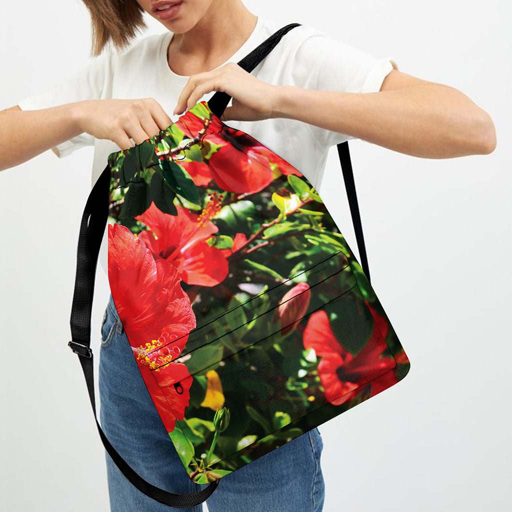 Red Hibiscus Flowers Print Drawstring Backpack