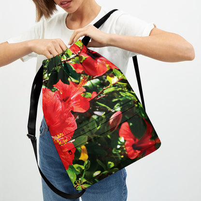 Red Hibiscus Flowers Print Drawstring Backpack
