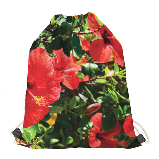 Red Hibiscus Flowers Print Drawstring Bag