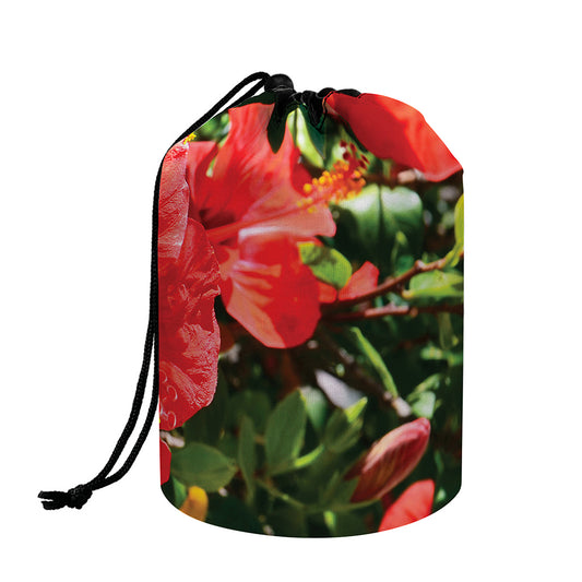 Red Hibiscus Flowers Print Drawstring Makeup Bag