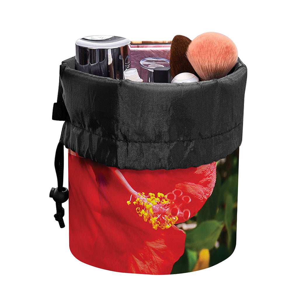 Red Hibiscus Flowers Print Drawstring Makeup Bag
