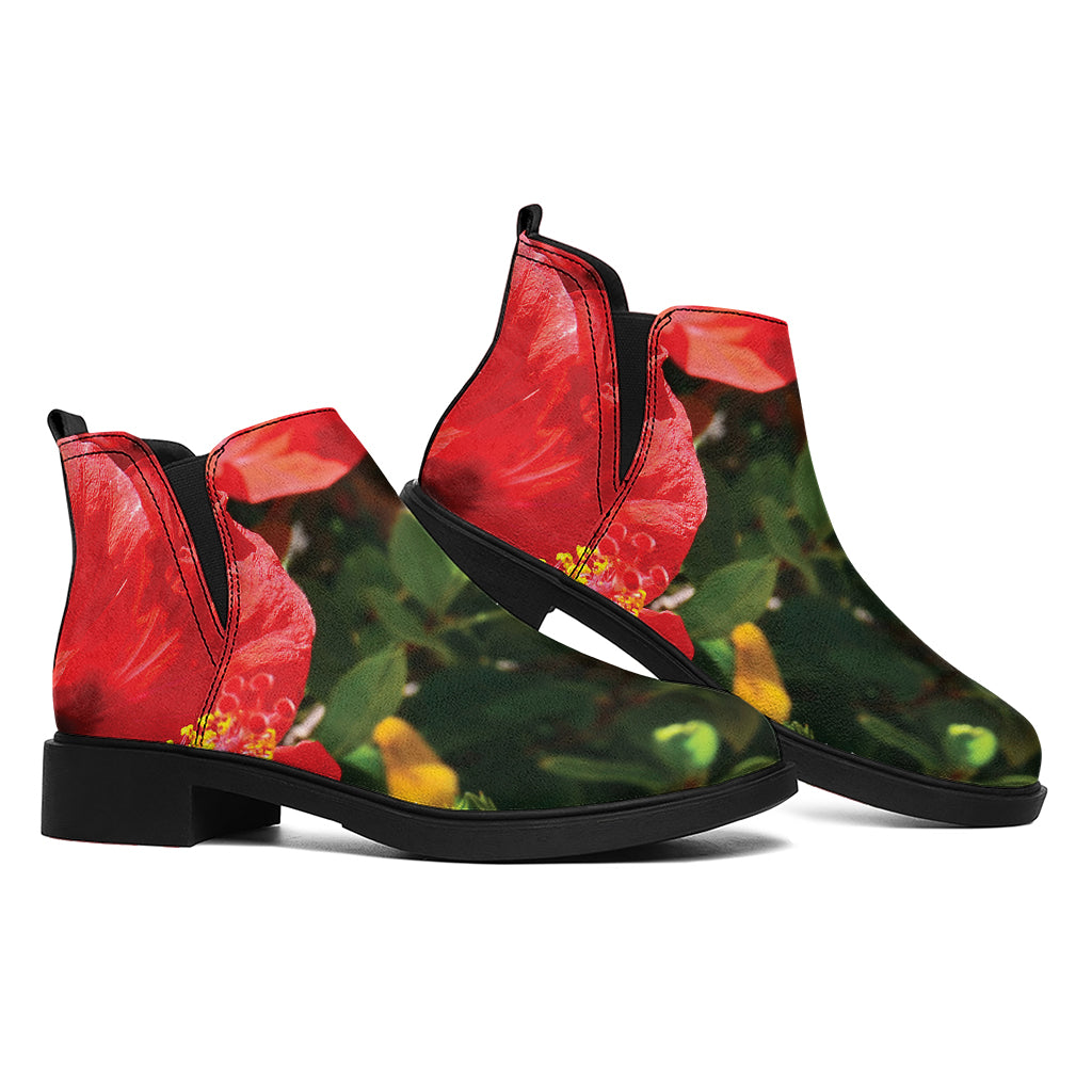 Red Hibiscus Flowers Print Flat Ankle Boots