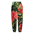 Red Hibiscus Flowers Print Fleece Lined Knit Pants
