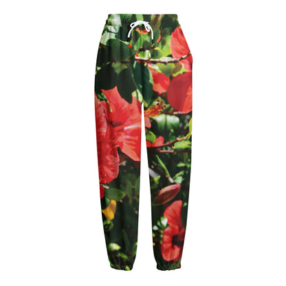 Red Hibiscus Flowers Print Fleece Lined Knit Pants
