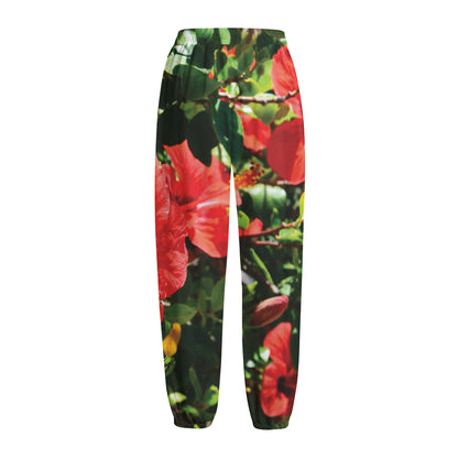 Red Hibiscus Flowers Print Fleece Lined Knit Pants