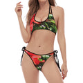 Red Hibiscus Flowers Print Halter Scoop Tie Side Bikini