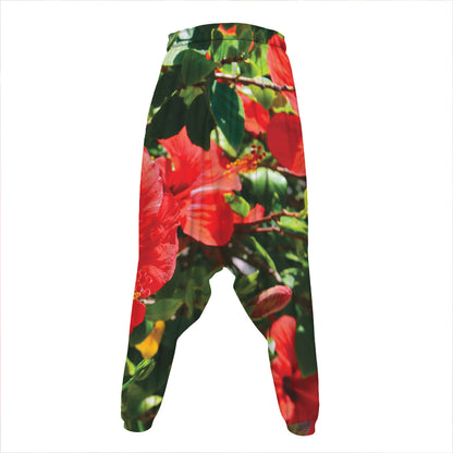 Red Hibiscus Flowers Print Hammer Pants